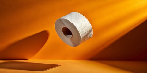 Poster - Floating Toilet Paper Roll: Minimalist Orange Background Stock Photo