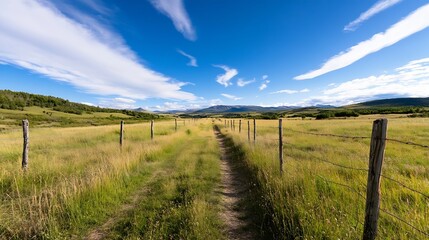 Poster - Picturesque countryside pathway leading through golden fields under a bright blue sky with clouds : Generative AI