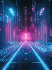 Fototapete - Futuristic Neon Corridor with Glowing Pink and Blue Lines, Symbolizing Digital Innovation and Technological Advancement. Ideal for Sci-Fi Designs, Tech Presentations, and Virtual Reality Projects.