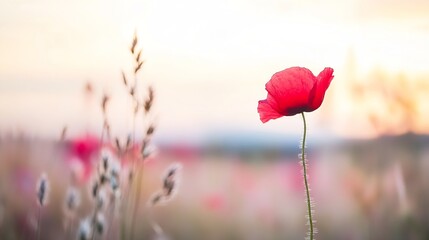 Aufkleber - Vibrant single red poppy blooming gracefully in a softfocused meadow surrounded by delicate grasses : Generative AI