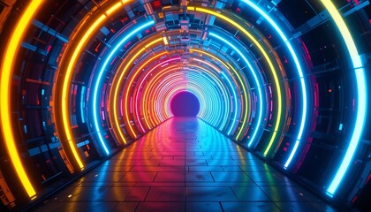 Poster - Illuminated Neon Tunnel with Vibrant Circular Lights and Reflective Floor