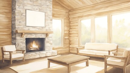 Poster - Cozy wooden interior with a stone fireplace and large windows letting in natural light.