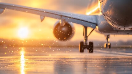 Poster - Aircraft Taking Off at Sunset with Glowing Reflections on Wet Ground : Generative AI