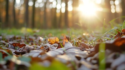 Poster - Sunlight filtering through trees illuminating colorful autumn leaves on the forest floor : Generative AI
