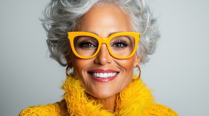 Poster - A woman with a yellow scarf and glasses is smiling
