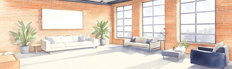 Poster - Modern living room with large windows, brick walls, and stylish furniture, featuring indoor plants.