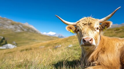 Poster - Highland cow resting in the picturesque mountainous landscape under a clear blue sky : Generative AI