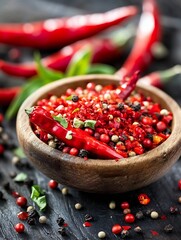 Poster - Colorful assortment of dried red chili peppers and spices in a wooden bowl : Generative AI