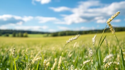 Poster - Stunning wide angle view of golden field with tall grass against a clear blue sky and fluffy clouds : Generative AI