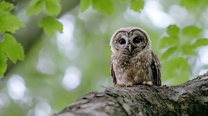 Aufkleber - Closeup of an adorable owl perched on a branch surrounded by vibrant green leaves and soft bokeh background : Generative AI