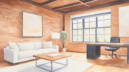 Poster - Modern office interior with wooden accents and a cozy atmosphere.