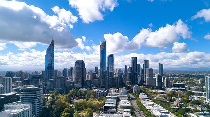 Poster - Stunning aerial view of a modern city skyline showcasing tall buildings under a bright blue sky with fluffy clouds : Generative AI
