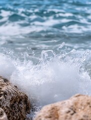 Aufkleber - Dynamic picture of ocean waves crashing against rocks with white spray on a sunny day : Generative AI