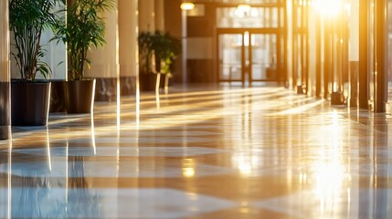 Aufkleber - Sunlit corridor in modern building showcasing polished floor and plants creating inviting atmosphere for visitors : Generative AI