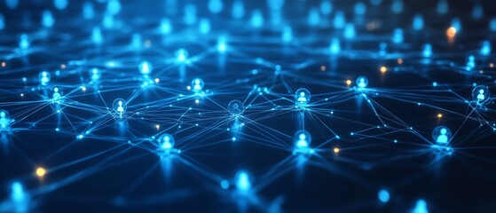 Poster - Remote work and social connection concept with glowing blue digital user symbols connected between each other on an abstract dark blue background, 3D rendering