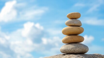 Poster - Five smooth stones stacked in harmony against a backdrop of soft clouds and blue sky : Generative AI