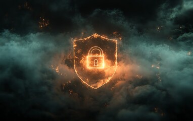 Leinwandbilder - Safety and information privacy concept with a digital padlock in a shield, surrounded by virtual fog and dark abstract background, 3D rendering with space for advertising text