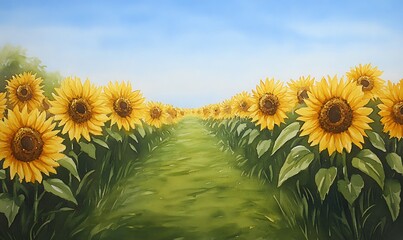 Poster - A vibrant sunflower field stretching towards a clear blue sky.