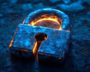 Leinwandbilder - 3D illuminated padlock on a textured blue background, representing digital security and artificial intelligence, with glowing details and futuristic design