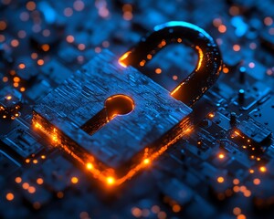 Leinwandbilder - 3D illuminated padlock on a textured blue background, representing digital security and artificial intelligence, with glowing details and futuristic design