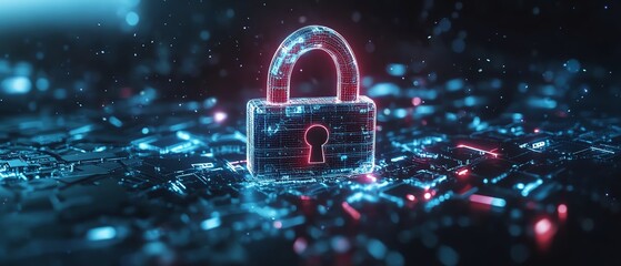 Leinwandbilder - 3D rendered cyber security concept with a digital closed padlock and blue keys surrounding it on a dark abstract background, symbolizing secure systems