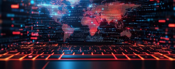 Aufkleber - 3D rendered digital global map hologram on a laptop keyboard, with a binary code background, representing global connectivity and data technology
