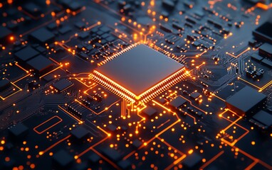 Fototapete - 3D rendered glowing chip circuit hologram on a dark background, representing CPU technology and metaverse concepts with neon light effects