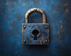 Leinwandbilder - 3D rendered illuminated padlock on a textured blue background, symbolizing digital security and the power of AI in protecting data