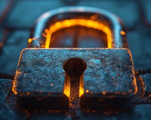 Leinwandbilder - 3D rendered illuminated padlock on a textured blue background, symbolizing digital security and the power of AI in protecting data