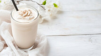 Aufkleber - Delicious creamy milkshake topped with whipped cream and sprinkled with cocoa on a rustic backdrop : Generative AI