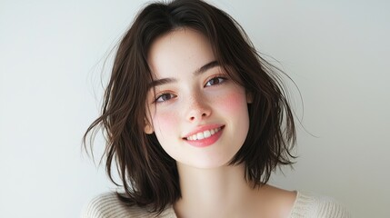 Poster - A woman with short brown hair and a red lip is smiling