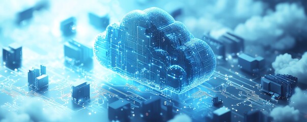 Fototapete - Blue cloud computing icon with circuit design on a light blue background, 3D rendering, symbolizing digital technology and cloud services