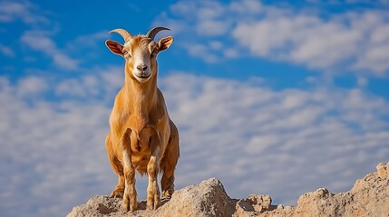 Poster - Majestic goat standing proudly on a rocky ledge under a beautiful blue sky with fluffy clouds : Generative AI