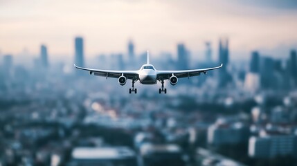 Poster - An Airplane Approaching a Cityscape with a Dramatic Skyline in the Background : Generative AI