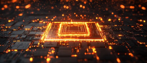 Poster - Creative glowing chip circuit hologram on a dark background, symbolizing CPU and metaverse concepts, 3D rendering with glowing digital elements