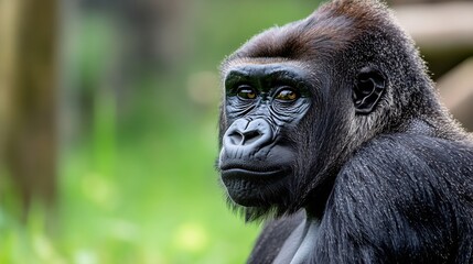 Poster - Majestic close up of a calm and thoughtful gorilla captured in a lush green environment : Generative AI