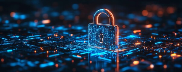 Poster - Digital close padlock surrounded by blue keys on a dark abstract background, illustrating cyber security and unlock systems in a dynamic 3D perspective view