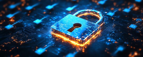 Poster - Digital close padlock surrounded by blue keys on a dark abstract background, illustrating cyber security and unlock systems in a dynamic 3D perspective view