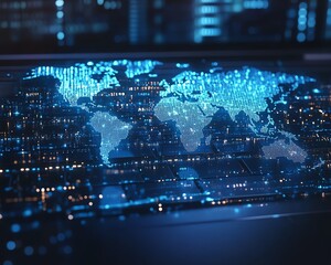 Poster - Digital global map hologram overlaying a laptop keyboard, with a binary code background, symbolizing technology, data, and global connectivity, 3D rendering