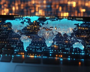 Leinwandbilder - Digital global map hologram on a laptop keyboard with a binary code background, symbolizing data security and global communication, 3D rendered