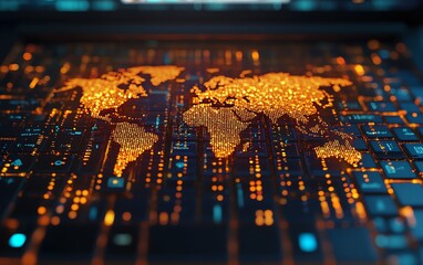 Leinwandbilder - Digital global map hologram on a laptop keyboard with a binary code background, symbolizing data security and global communication, 3D rendered