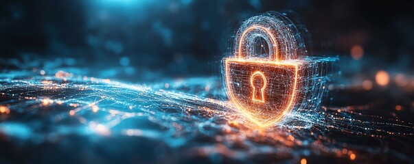 Poster - Digital padlock inside a shield on a dark abstract background, symbolizing safety protection and information privacy, with technological virtual fog and