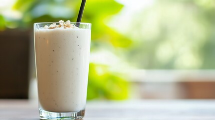Aufkleber - Delicious and Creamy Banana Smoothie with Oats in a Glass on a Wooden Table : Generative AI