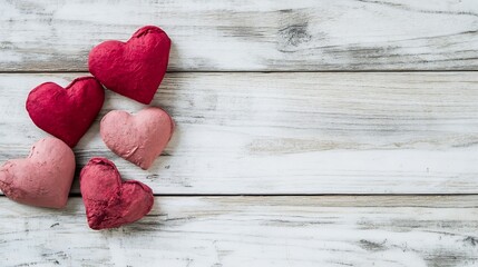 Poster - Charming collection of colorful handmade paper hearts on a rustic wooden background representing love and affection : Generative AI