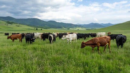 Poster - Herd of cows grazing peacefully in a lush green meadow surrounded by hills : Generative AI