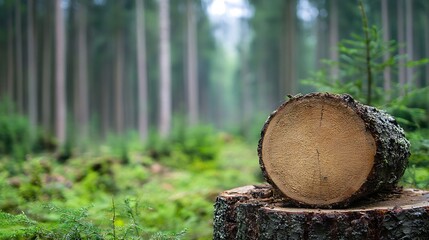 Poster - Cross section of freshly cut tree log amidst lush forest greenery : Generative AI
