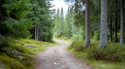 Poster - Serene winding path through lush green forest inviting nature lovers to explore : Generative AI