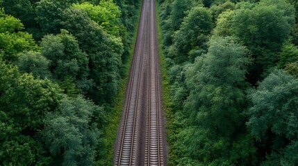 Poster - Aerial view of railway tracks winding through lush green forests highlighting a blend of nature and travel : Generative AI