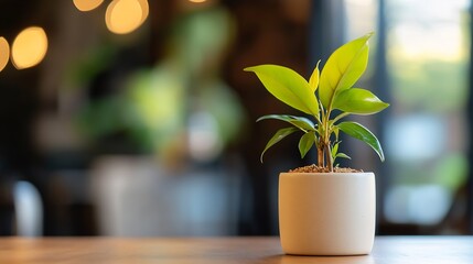 Fototapete - Closeup of a vibrant green houseplant in a contemporary pot on a wooden table with soft background lighting : Generative AI