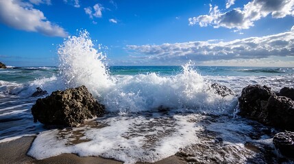 Aufkleber - Dynamic splash of ocean waves crashing against rocky coastline under a bright blue sky : Generative AI